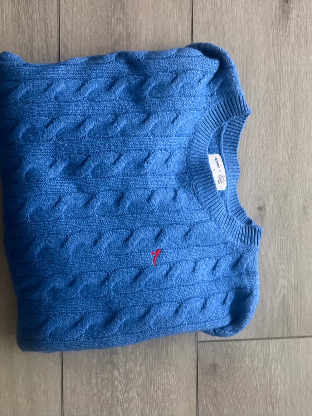 women’s  Blue Cable Knit Sweater with Small Red Logo devil wears prada